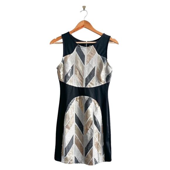 Ruby Rox Dress Black Gold White Sequins Stretch Women's S Back Exposed Zipper - Picture 1 of 10